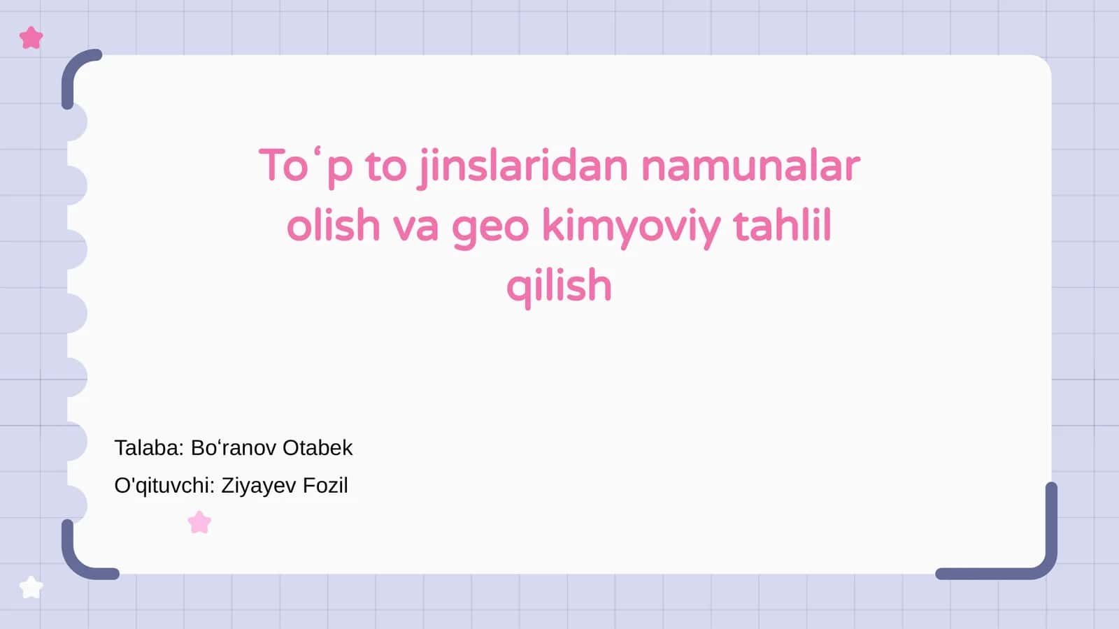 Toʻp jinslaridan namunalar olish va geo kimyoviy tahlil qilish
