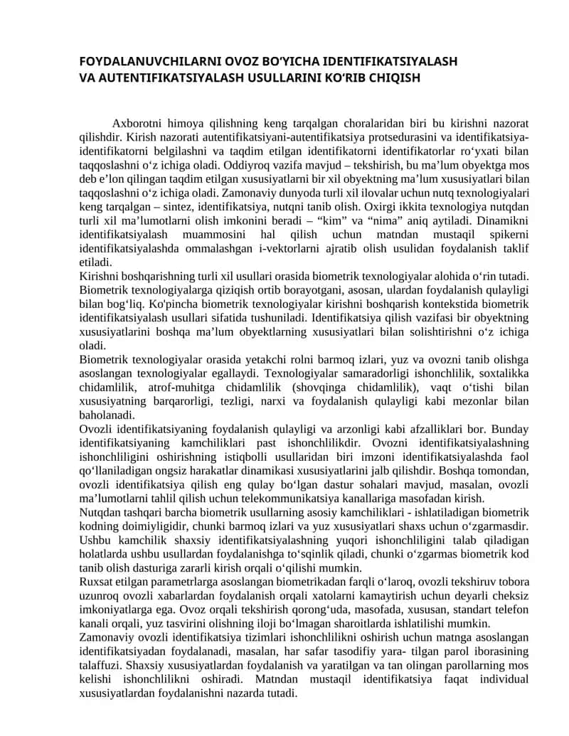 Foydalanuvchilarni ovoz bo‘yicha identifikatsiyalash va autentifikatsiyalash usullarini ko‘rib chiqish