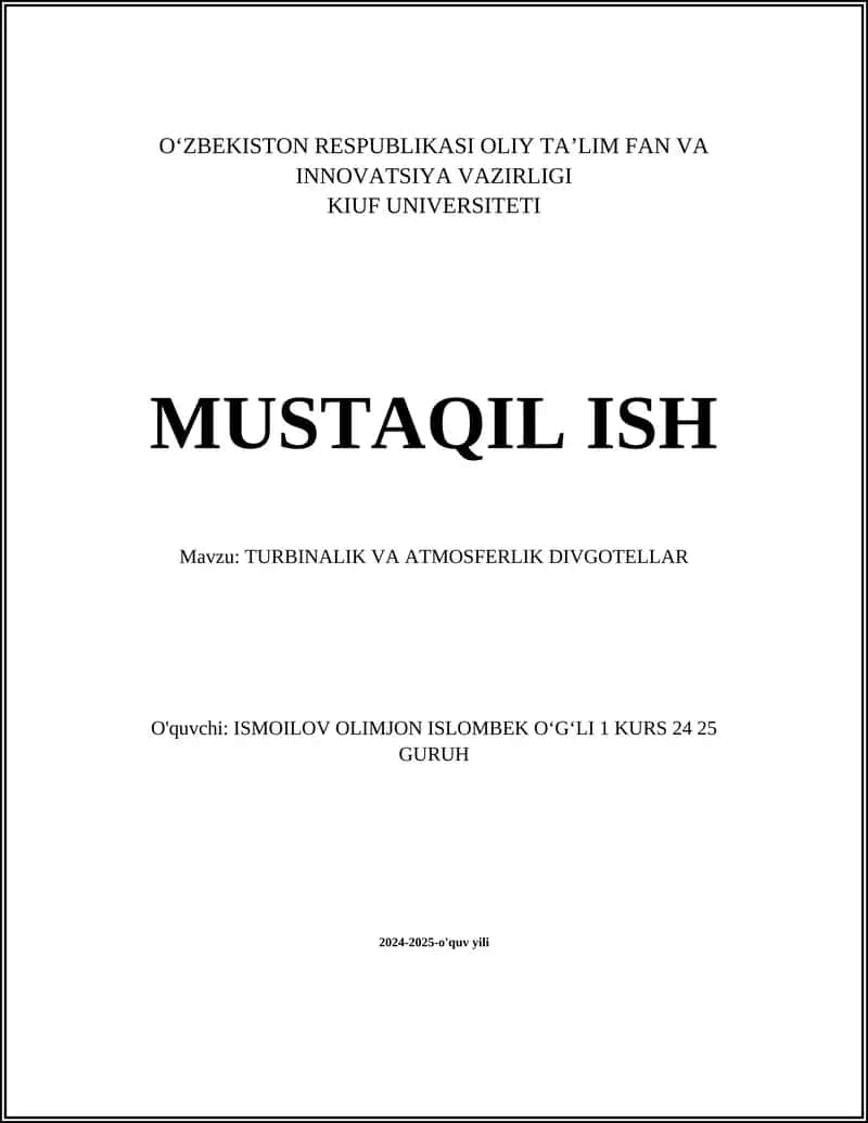 TURBINALIK VA ATMOSFERLIK DIVGOTELLAR