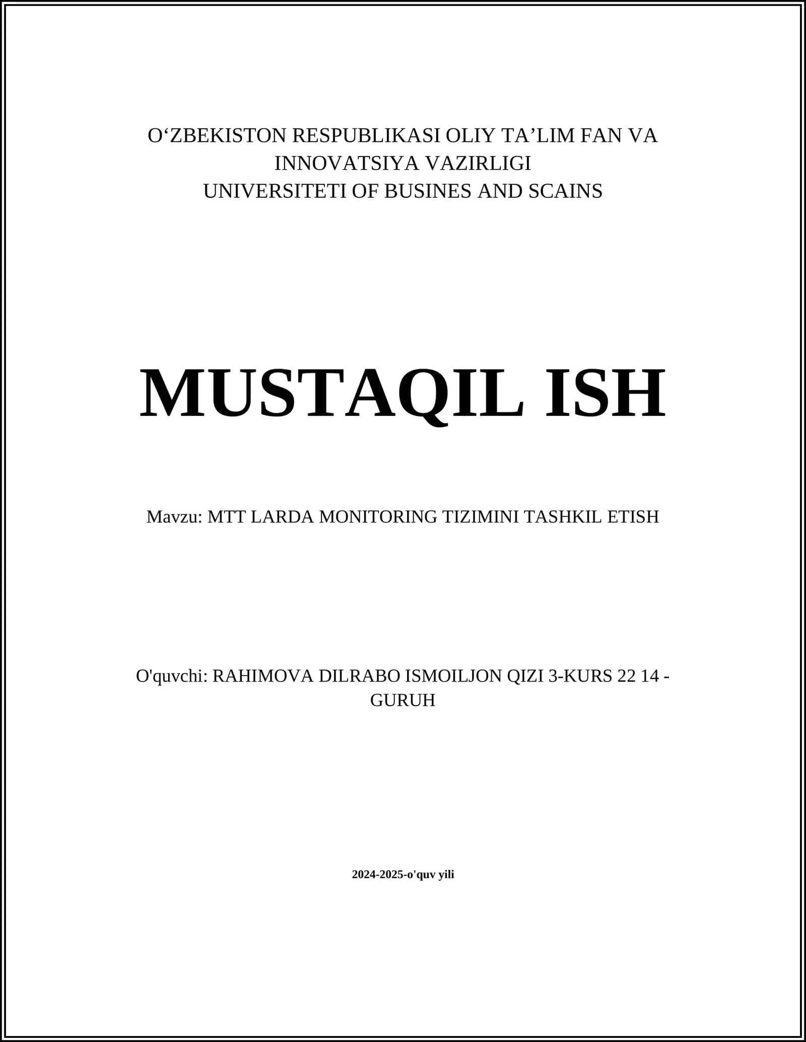 MTT LARDA MONITORING TIZIMINI TASHKIL ETISH