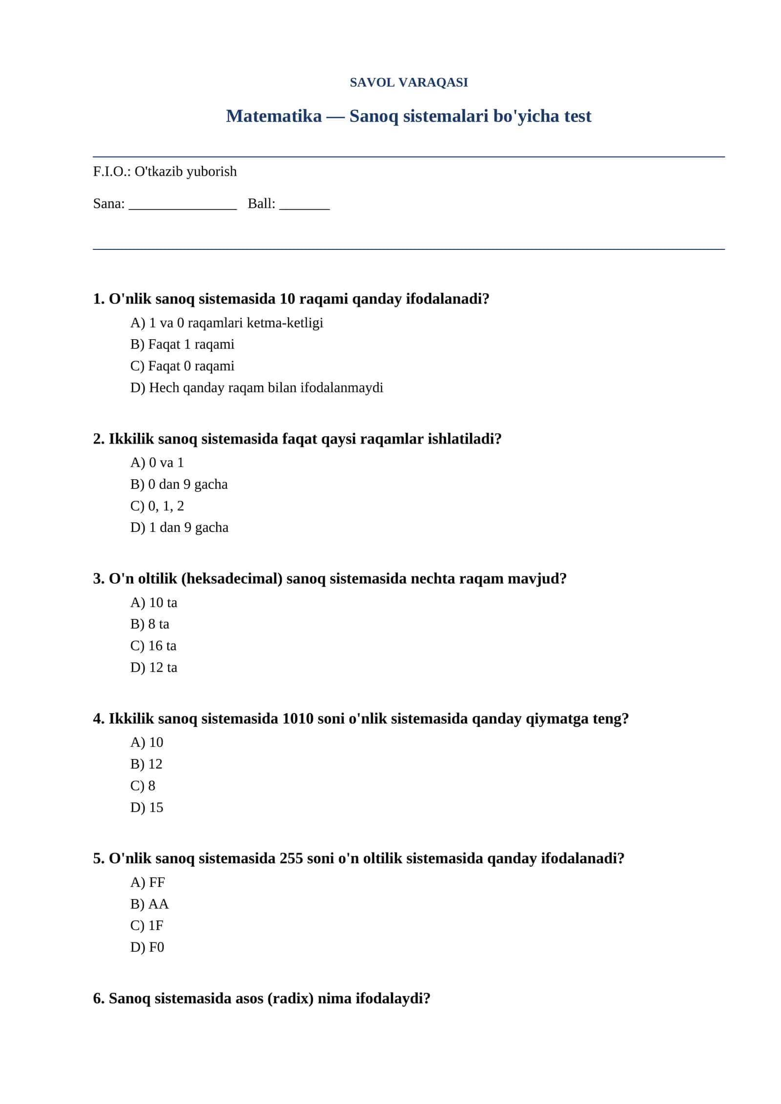 Sanoq sistemalari bo'yicha test
