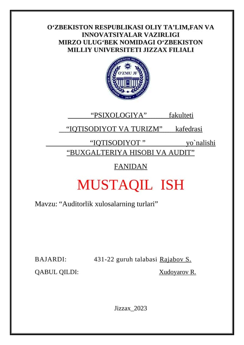Reja: I.	Kirish II.	Asosiy qism	 2.1. Majburiy auditorlik tekshiruvi.  2.2. Tashabbus tarzidagi (ixtiyoriy) auditorlik tekshiruvi.  2.3. Nazorat qiluvchi yoki huquqni muhofaza qiluvchi organlar tashabbusiga ko‘ra audit o‘tkazish xususiyatlari.  2.4. Auditorlik tashkilotlarining professional xizmatlari  III.	Xulosa IV.	Foydalanilgan adabiyotlar