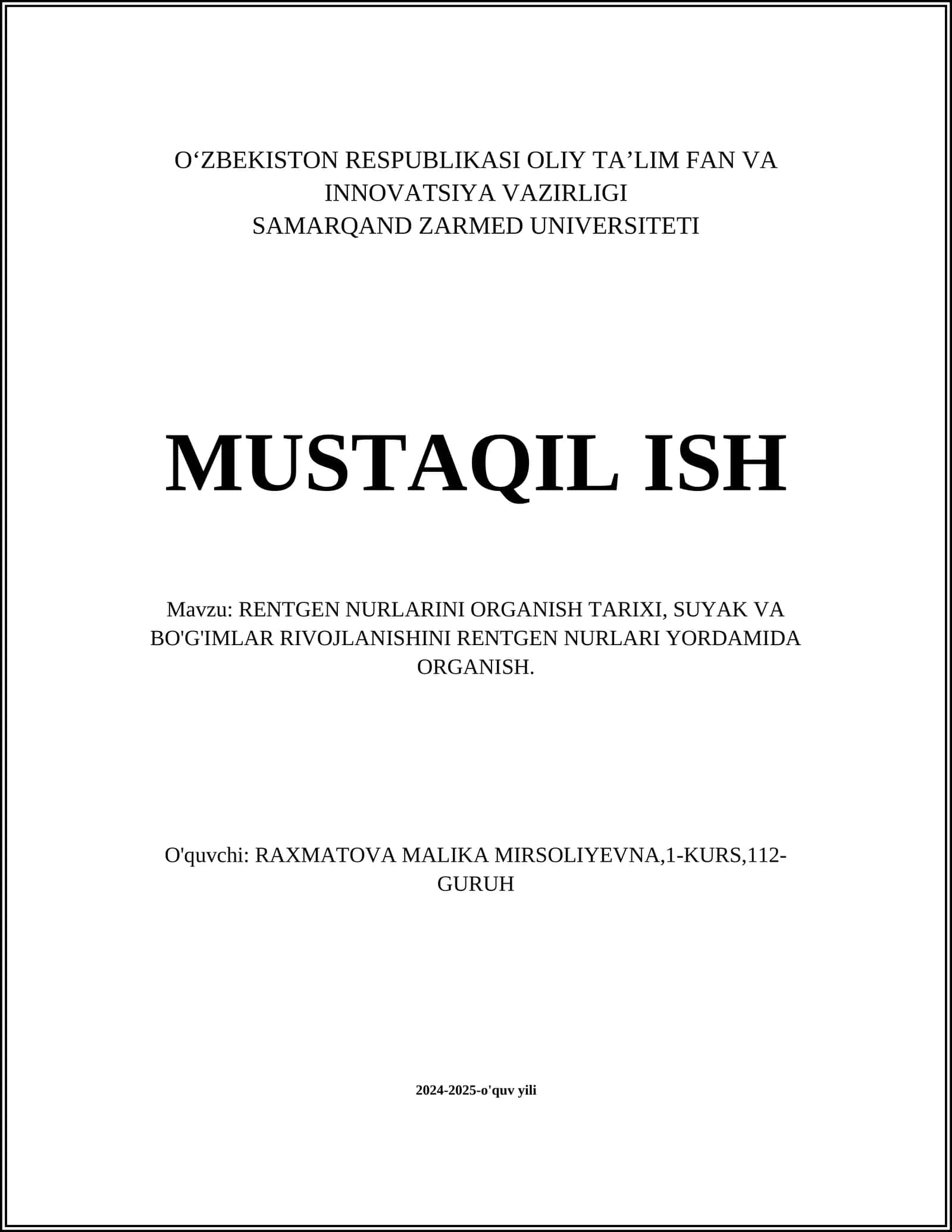 RENTGEN NURLARINI ORGANISH TARIXI