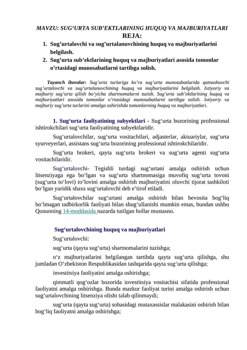 Sug‘urta Subʼektlarining Huquq va Majburiyatları