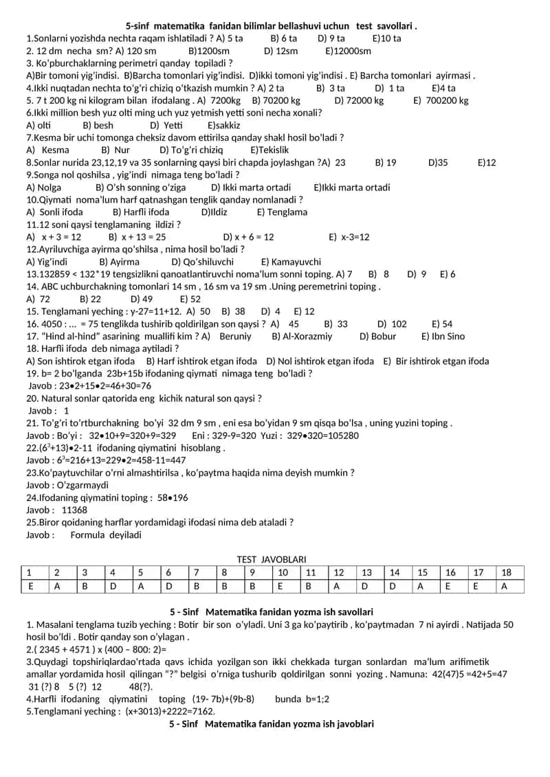 5-sinf matematika fanidan bilimlar bellashuvi uchun test savollari