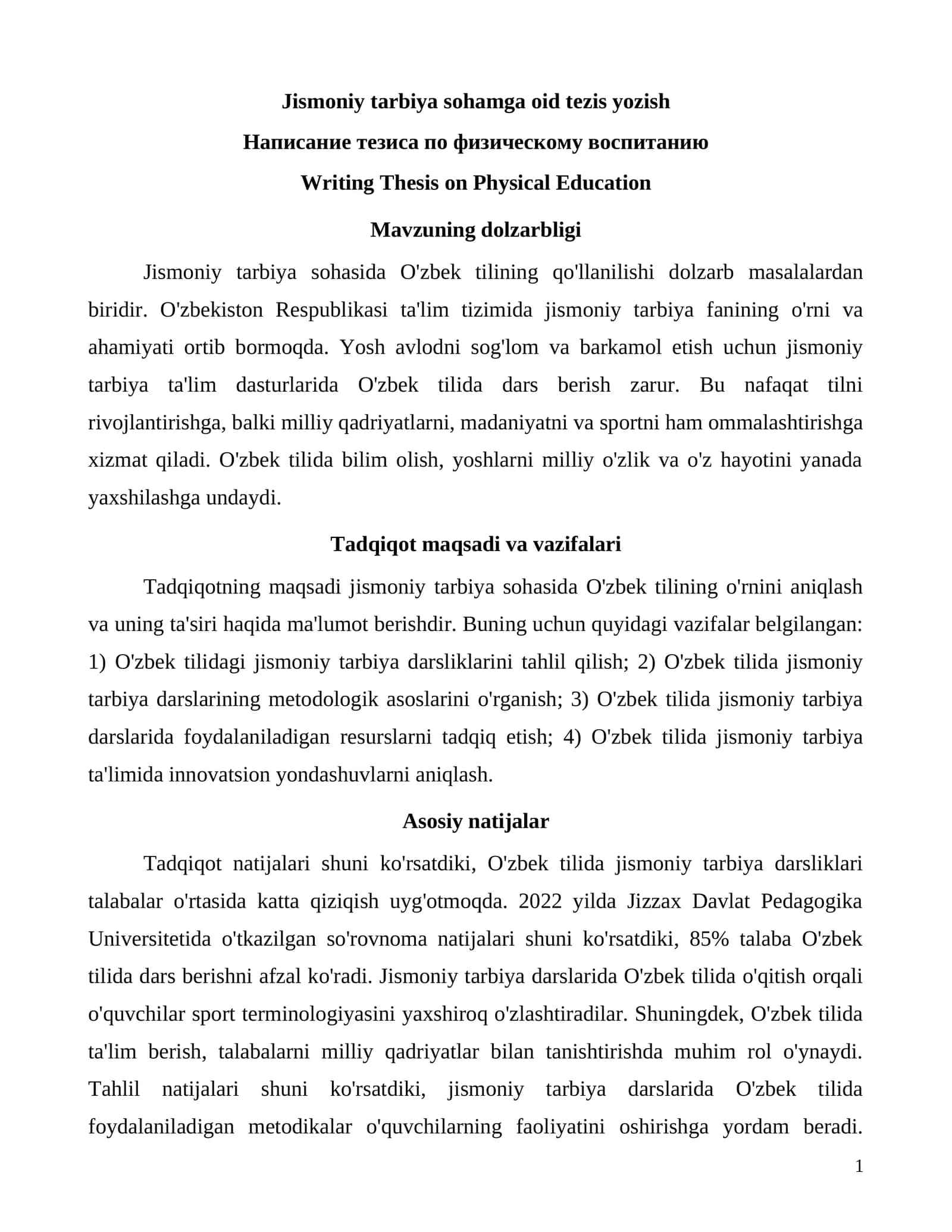 Jismoniy tarbiya sohamga oid tezis yozish