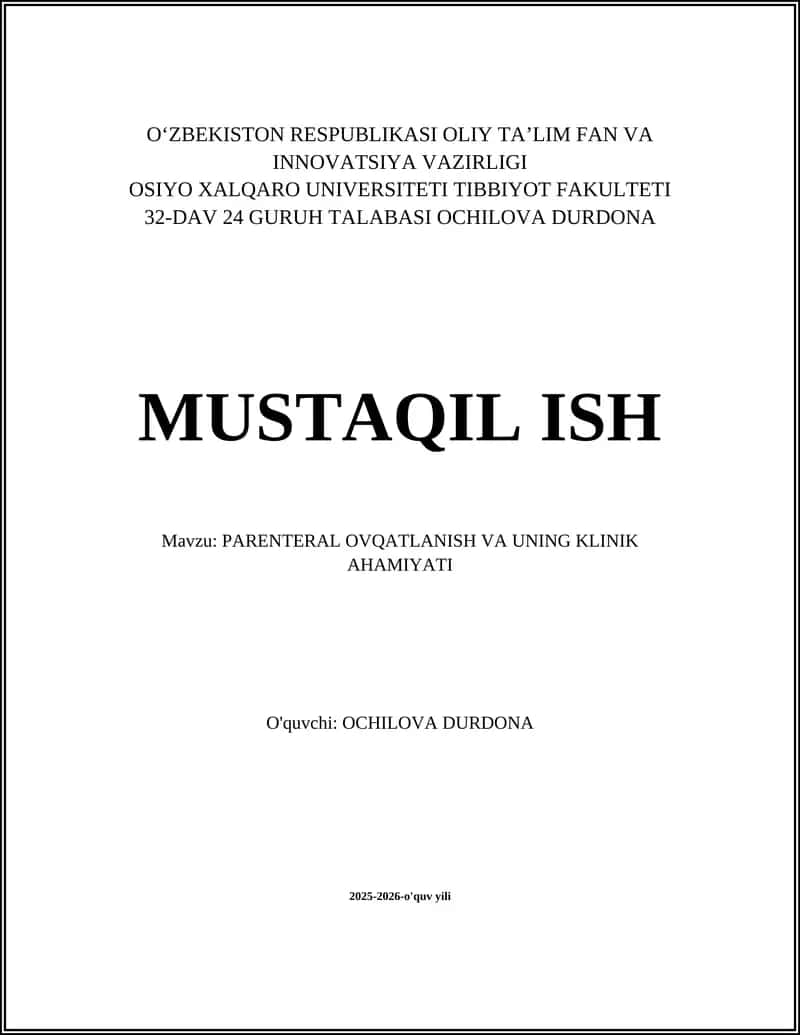 Parenteral ovqatlanish va uning klinik ahamiyati