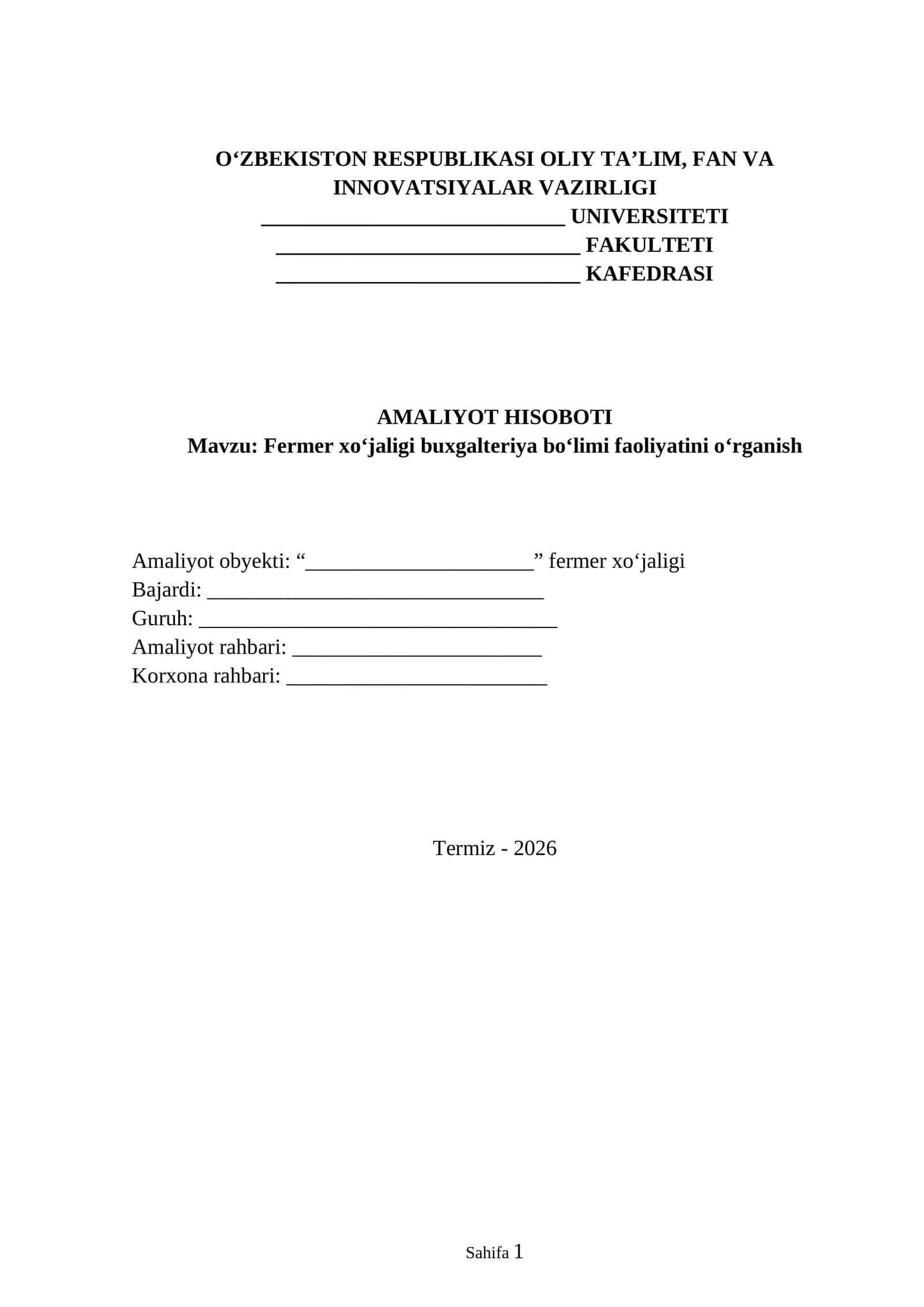 Fermer xojaligi buxgalteriya amaliyot hisoboti
