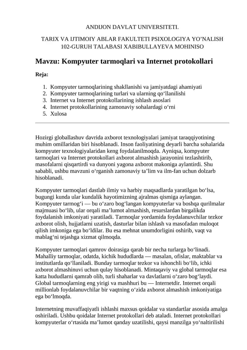 Kompyuter tarmoqlari va Internet protokollari