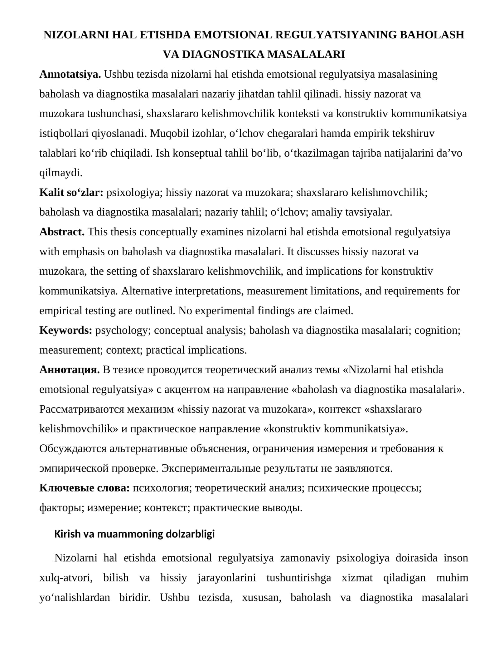 NIZOLARNI HAL ETISHDA EMOTSIONAL REGULYATSIYANING BAHOLASH VA DIAGNOSTIKA MASALALARI
