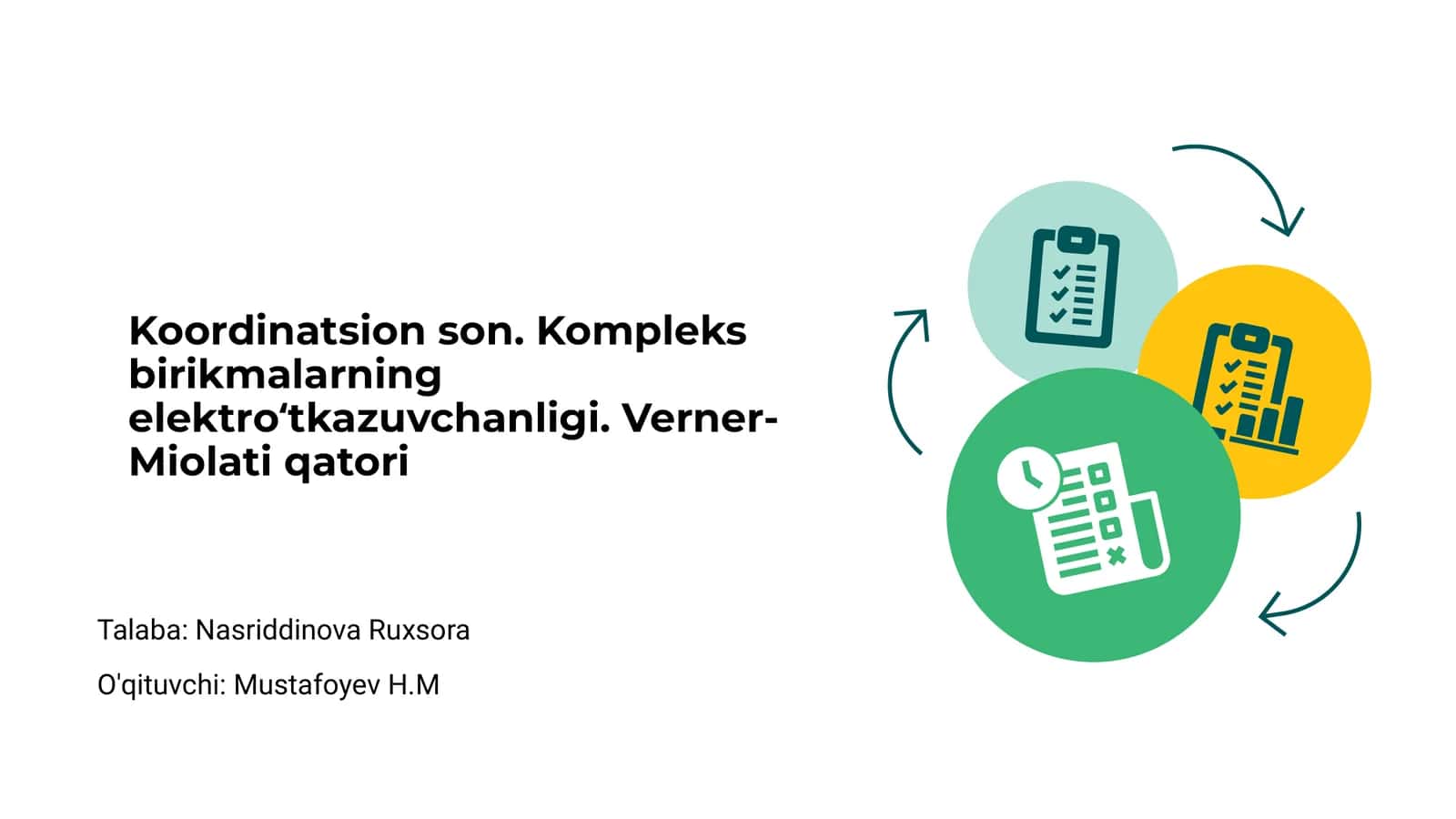 Koordinatsion son. Kompleks birikmalarning elektroʻtkazuvchanligi. Verner-Miolati qatori