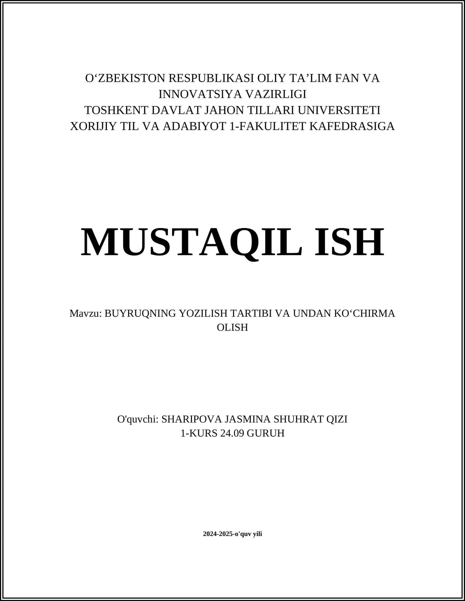 BUYRUQNING YOZILISH TARTIBI VA UNDAN KOʻCHIRMA OLISH