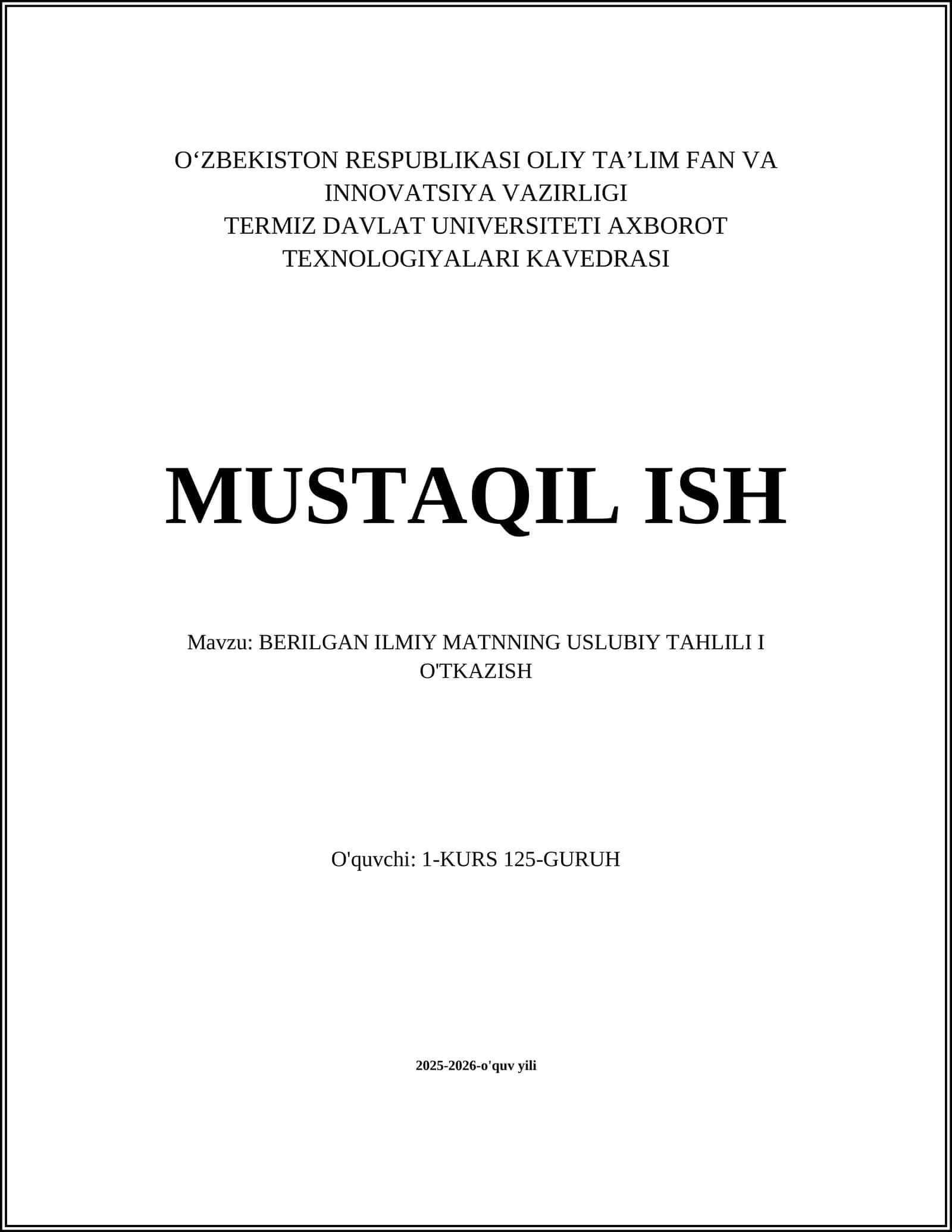 BERILGAN ILMIY MATNNING USLUBIY TAHLILI I O'TKAZISH