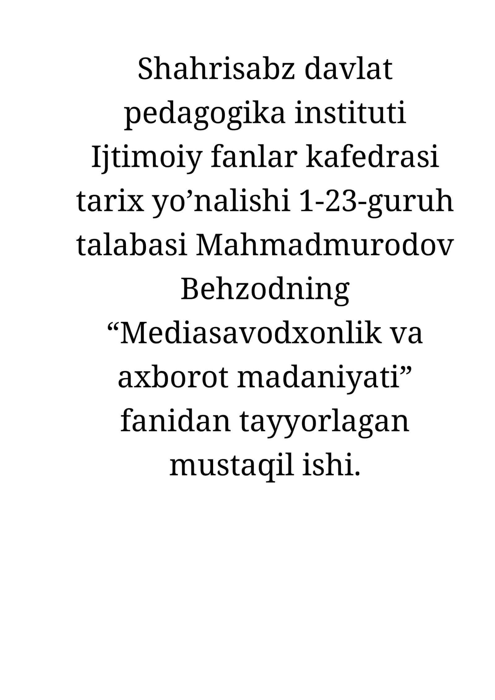 1.Siz nima uchun media savodli bo’lishingiz kerak? 2.Taqdimot tayyorlash va taqdim etish usuli va vositalari. 3.Media makonda axborotni taqdim etish. 4.Texnika madaniyati. 5.Reklamaning ijtimoiy mazmun-mohiyati. 6Kompyuter o’yinlari manqurtlik vositasi.