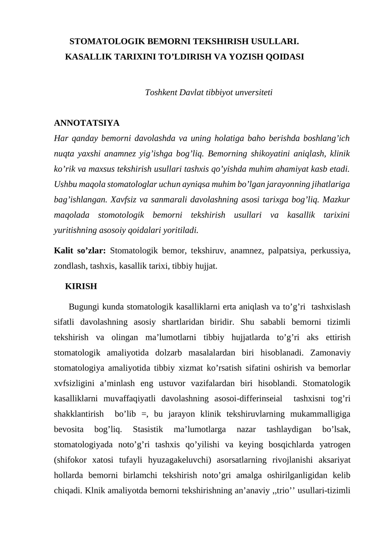 STOMATOLOGIK BEMORNI TEKSHIRISH USULLARI