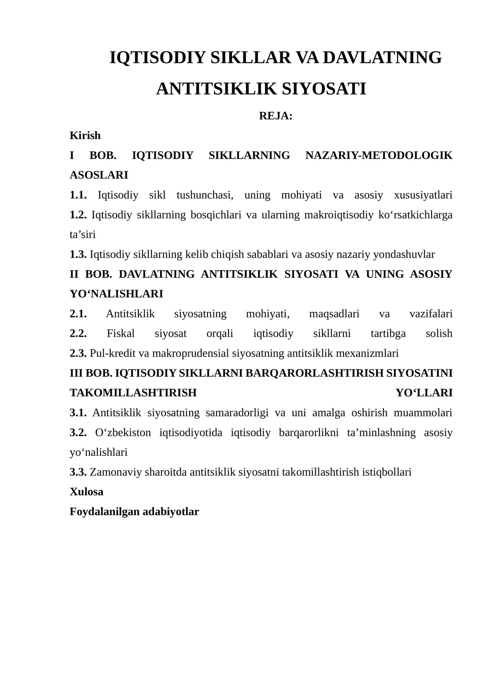 IQTISODIY SIKLLAR VA DAVLATNING ANTITSIKLIK SIYOSATI
