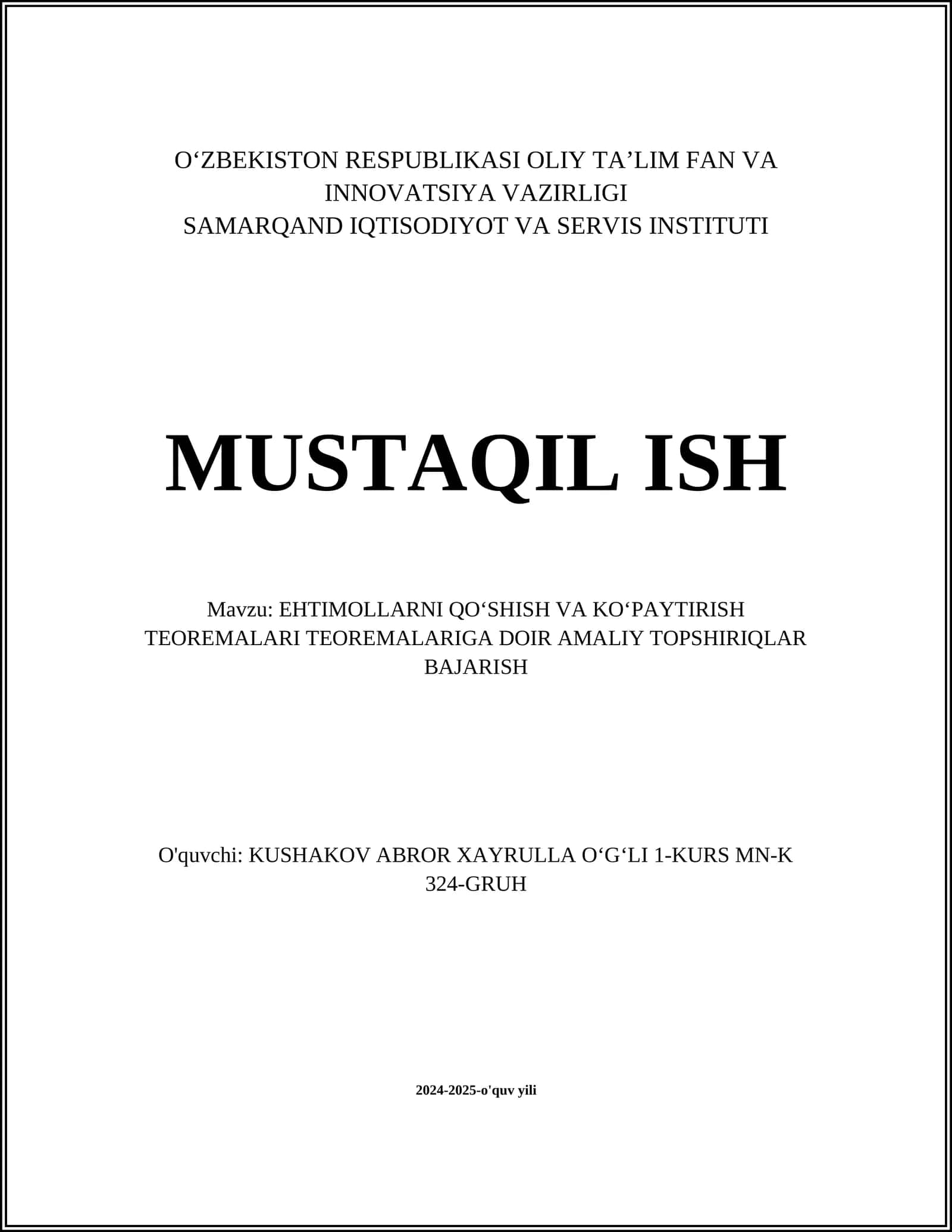EHTIMOLLARNI QOʻSHISH VA KOʻPAYTIRISH TEOREMALARI TEOREMALARIGA DOIR AMALIY TOPSHIRIQLAR BAJARISH