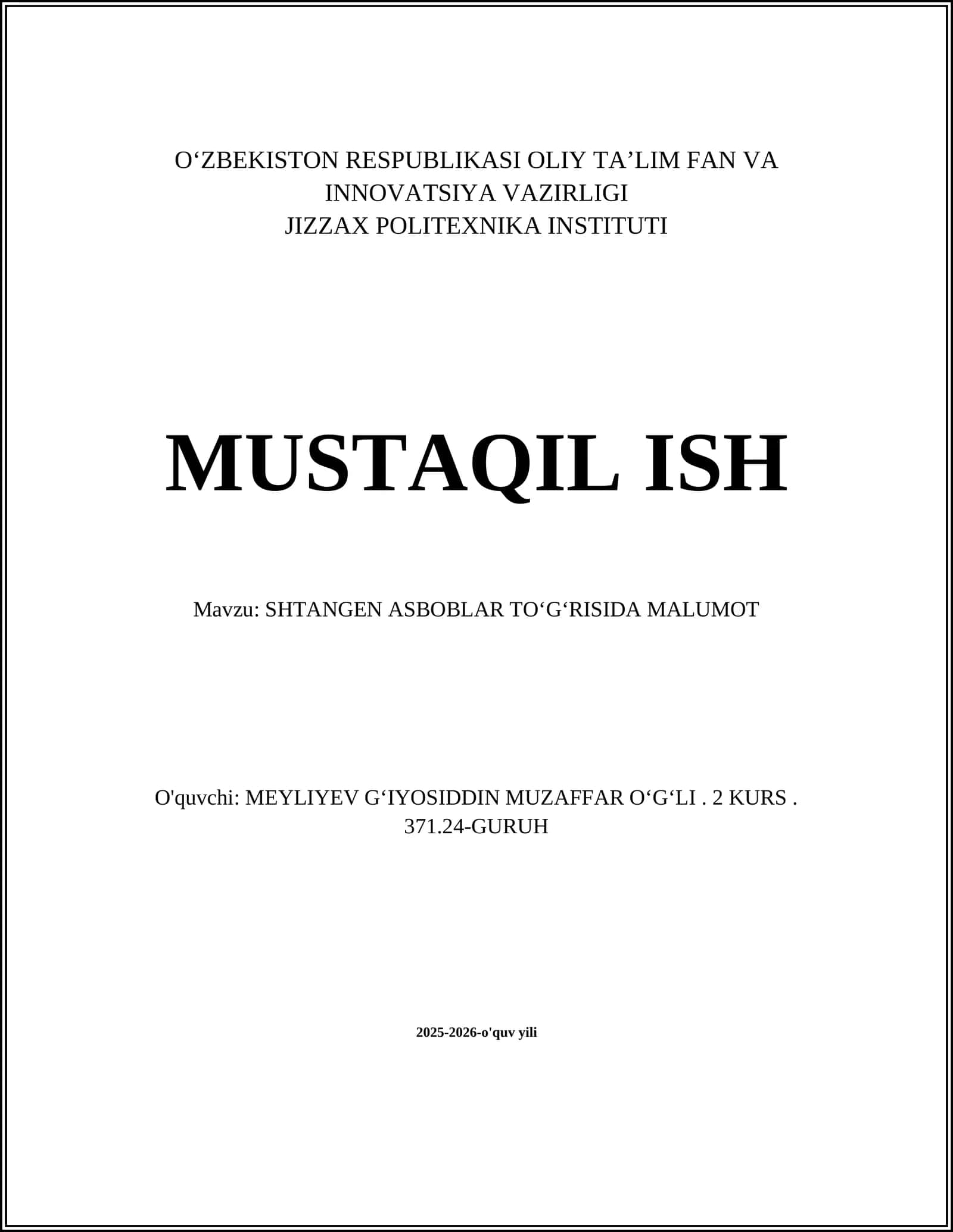 SHTANGEN ASBOBLAR TOʻGʻRISIDA MALUMOT