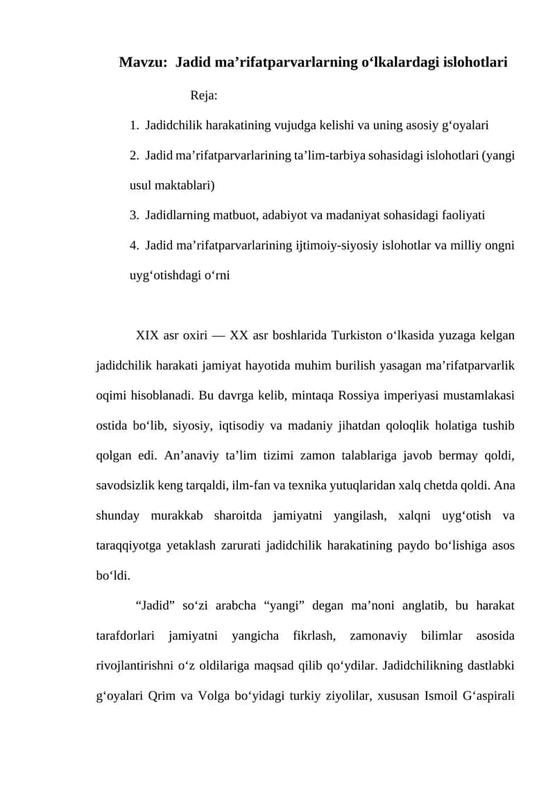 Jadid ma’rifatparvarlarning o‘lkalardagi islohotlari