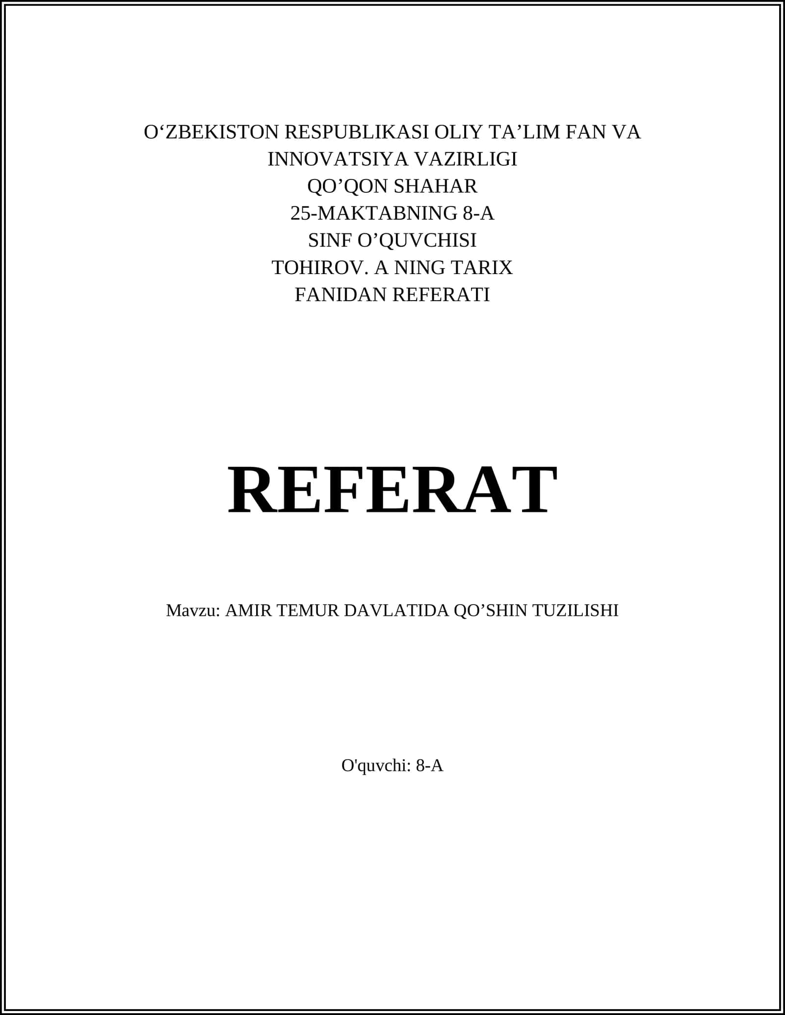 AMIR TEMUR DAVLATIDA QO’SHIN TUZILISHI
