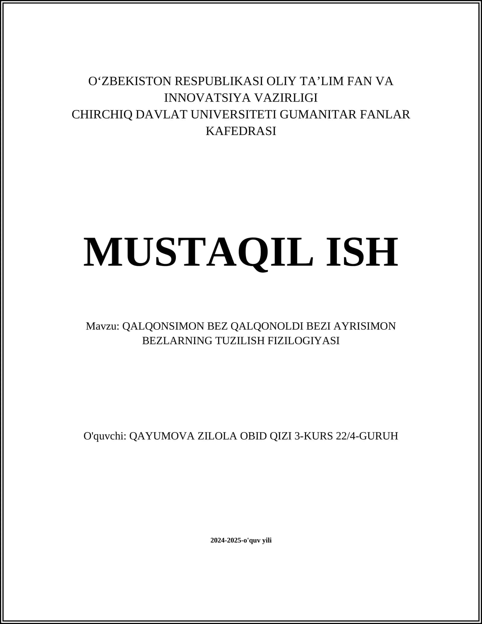 MUSTAQIL ISH Mavzu: QALQONSIMON BEZ QALQONOLDI BEZI AYRISIMON BEZLARNING TUZILISH FIZILOGIYASI