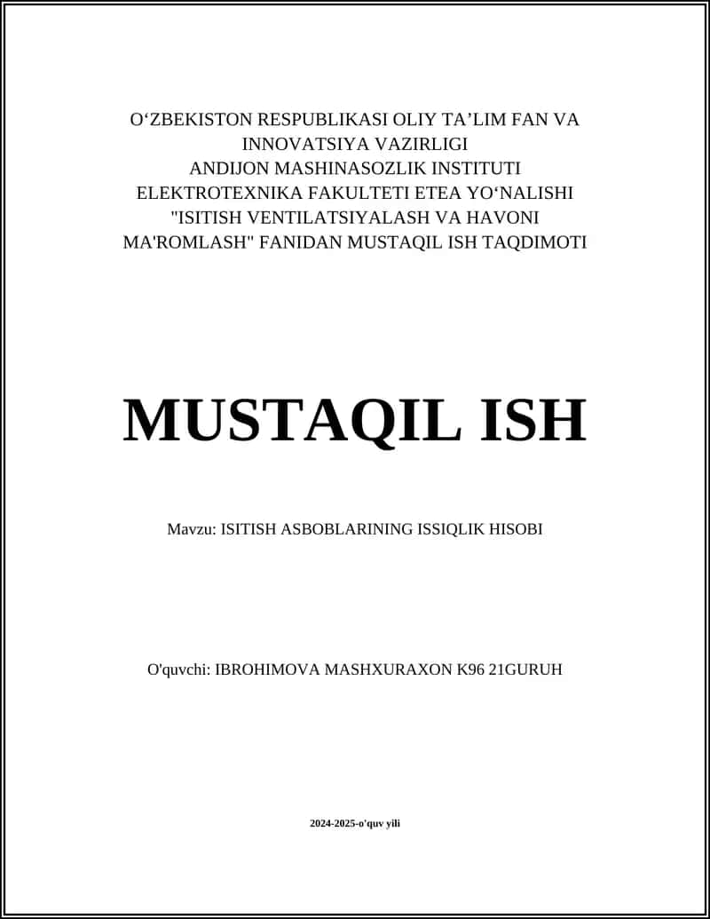 ISITISH ASBOBLARINING ISSIQLIK HISOBI