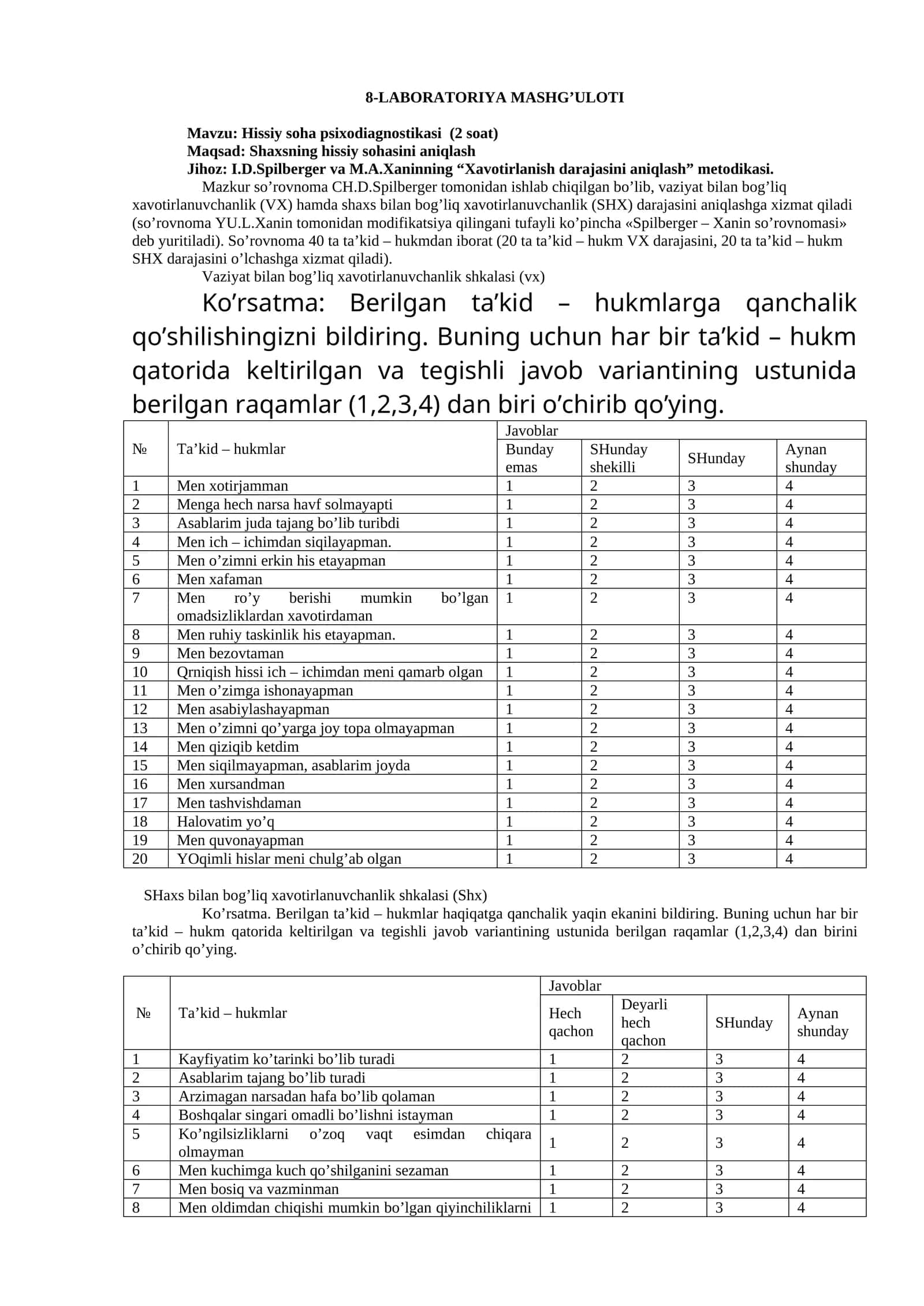 Hissiy soha psixodiagnostikasi (2 soat)