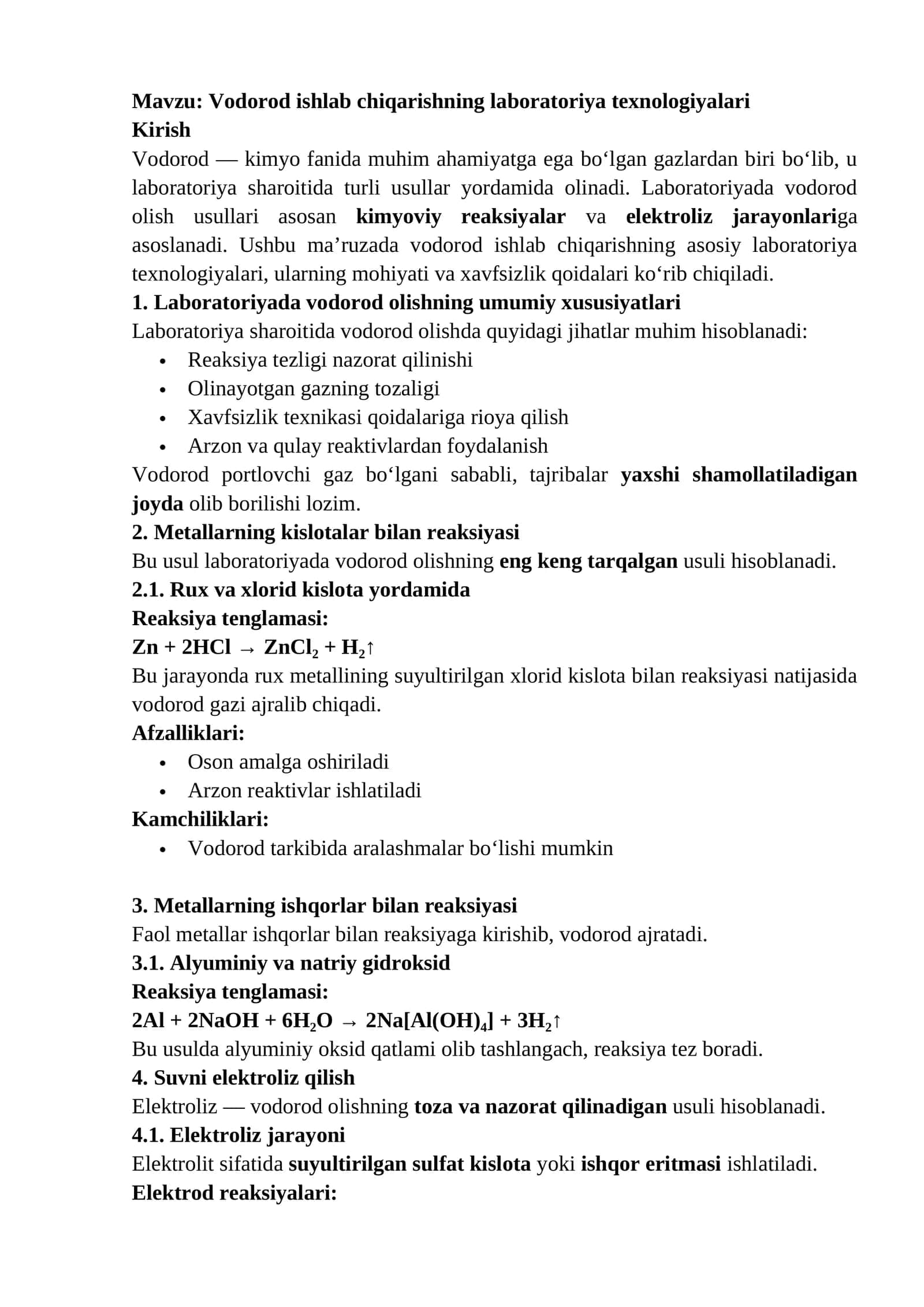 Vodorod ishlab chiqarishning laboratoriya texnologiyalari