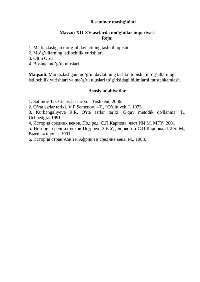 XII-XV asrlarda mo’g’ullar imperiyasi