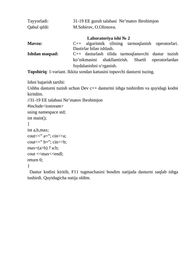 C++ algoritmik tilining tarmoqlanish operatorlari