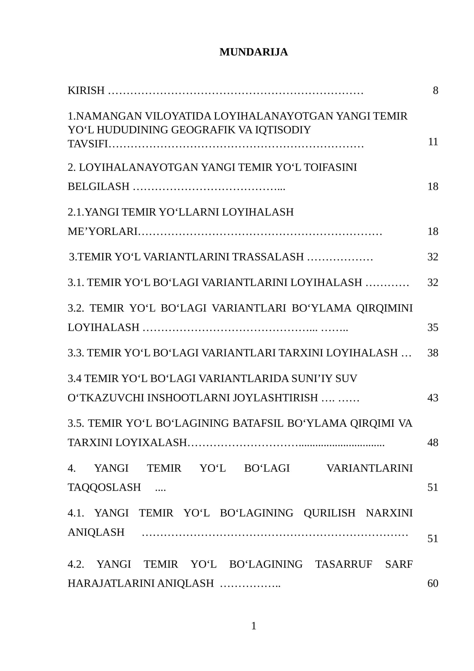YANGI TEMIR YO'L BO'LAGI VARIANTLARI TAQQOSLASH