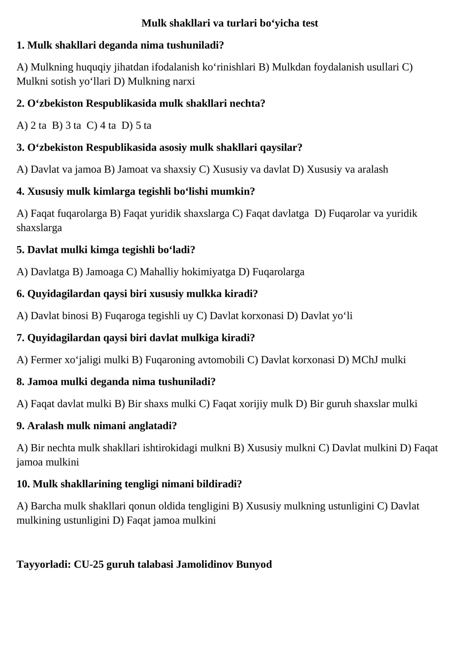 Mulk shakllari va turlari bo‘yicha test