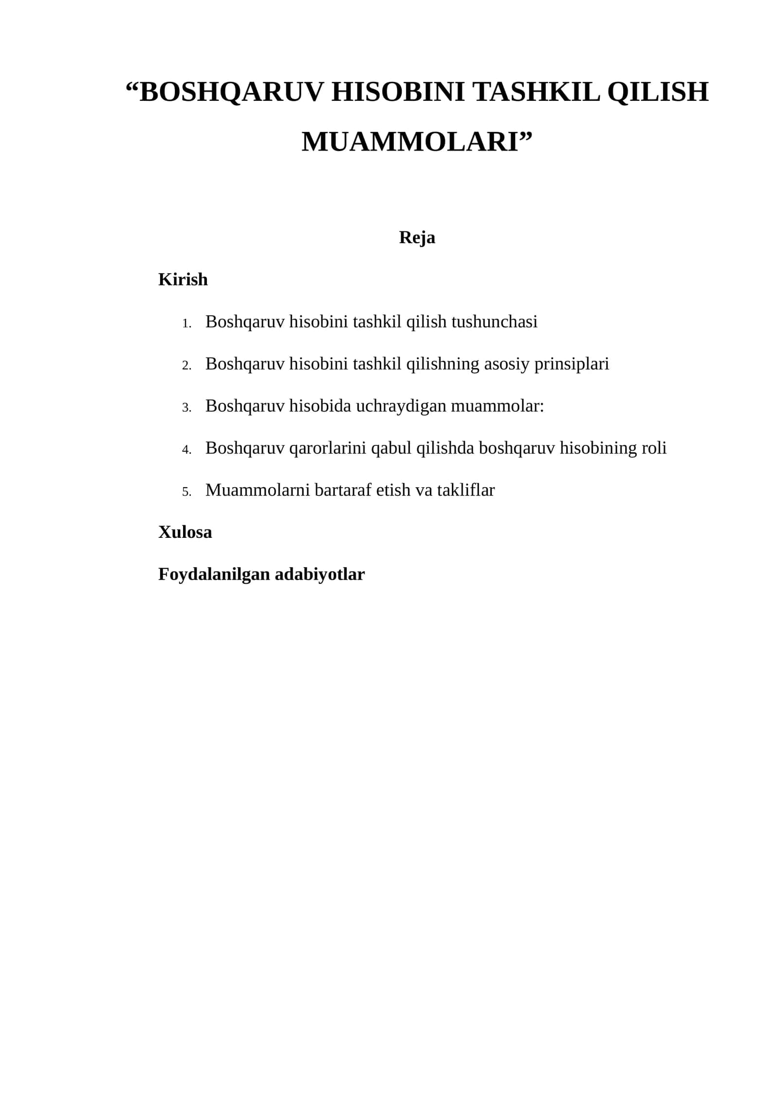 Boshqaruv hisobini tashkil qilish muammolari