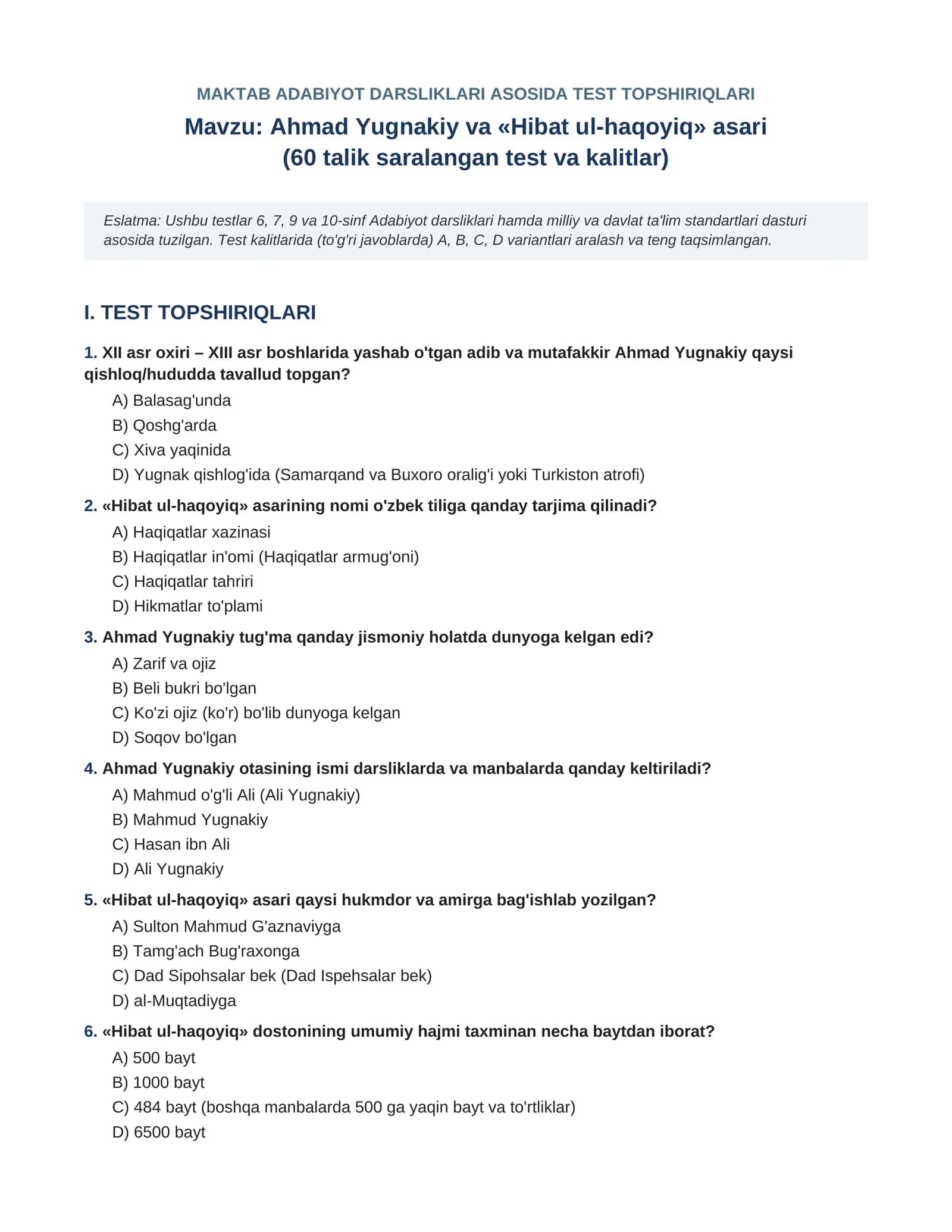 Ahmad Yugnakiy va «Hibat ul-haqoyiq» asari  (60 talik saralangan test va kalitlar)