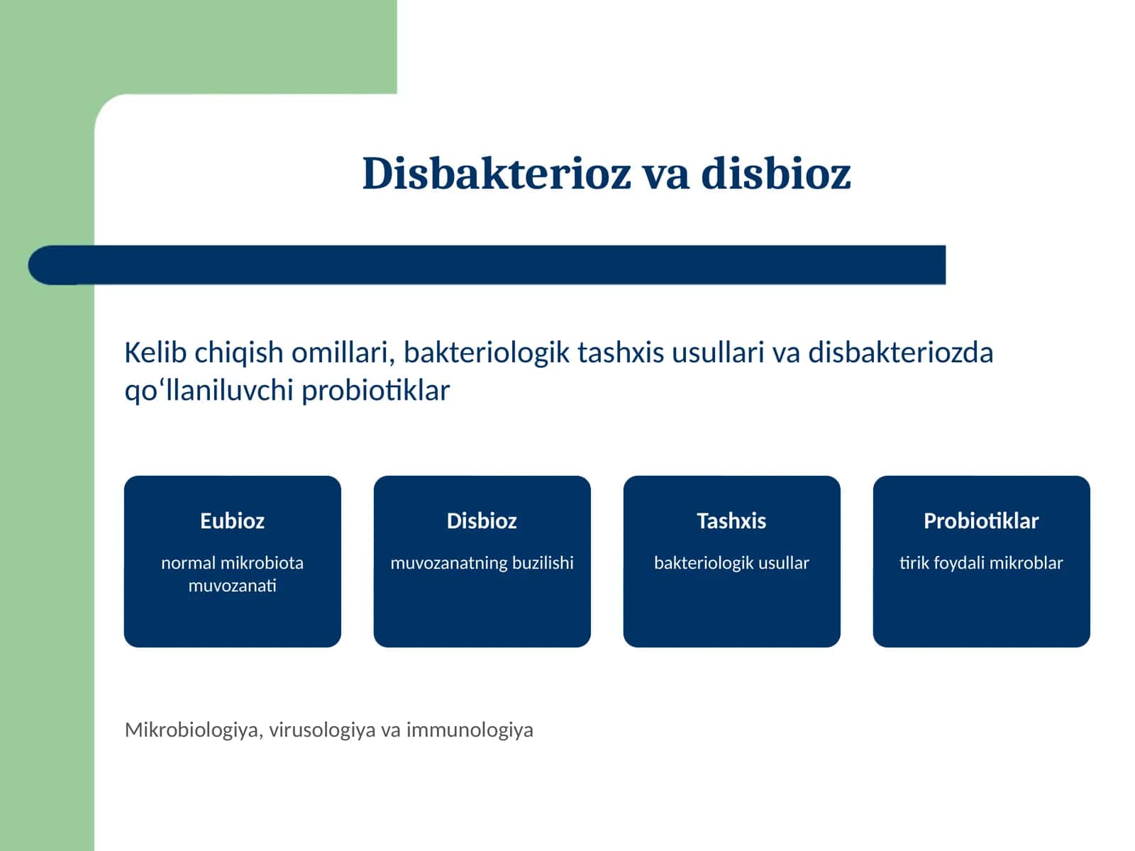 Disbakterioz, disbioz, kelib chiqishida qatnashuvchi omillar. Disbakterioz, disbiozlarga bakteriologik tashxis qo'yish usullari. Disbakteriozda qo‘llaniluvchi probiotiklar. Bakterial irsiyatning xromosomadan tashqari omillar