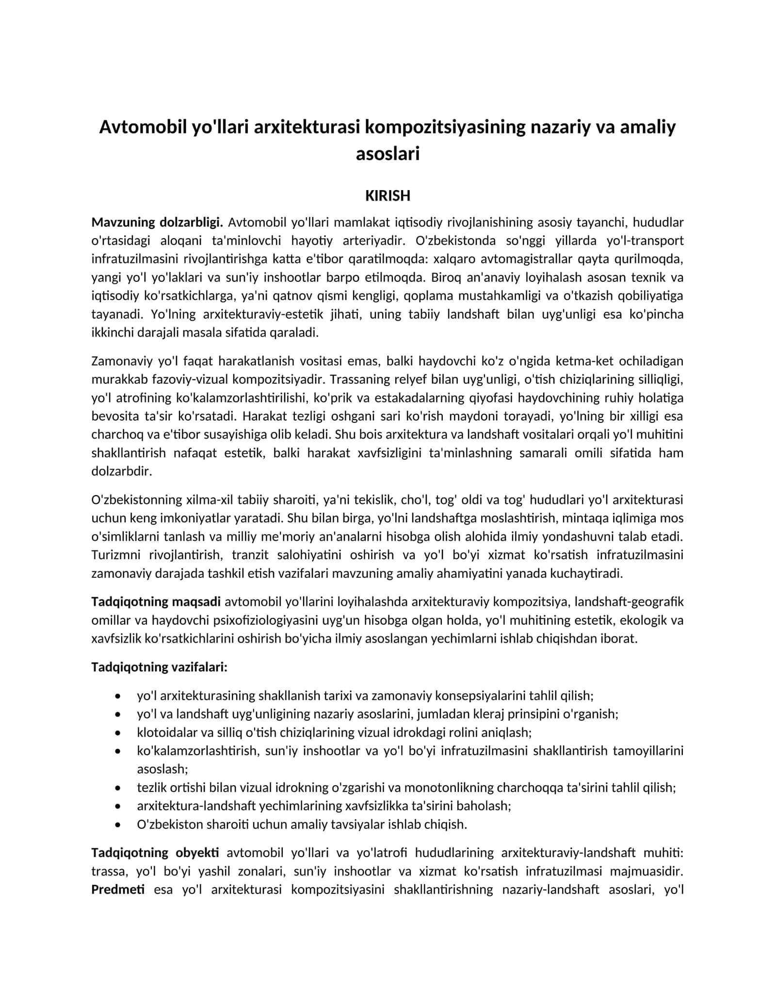 Avtomobil yo'llari arxitekturasi kompozitsiyasining nazariy va amaliy asoslari