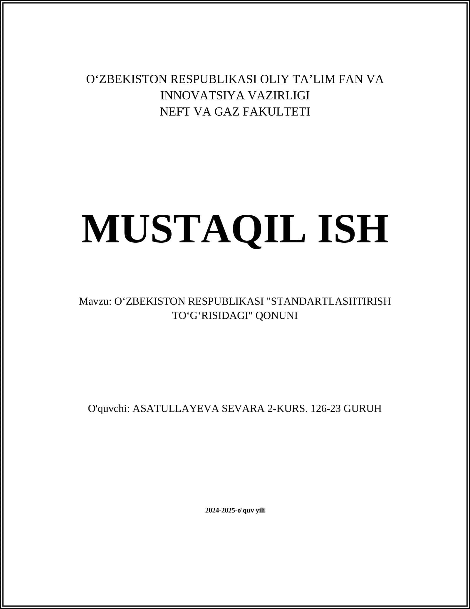 OʻZBEKISTON RESPUBLIKASI "STANDARTLASHTIRISH TOʻGʻRISIDAGI" QONUNI