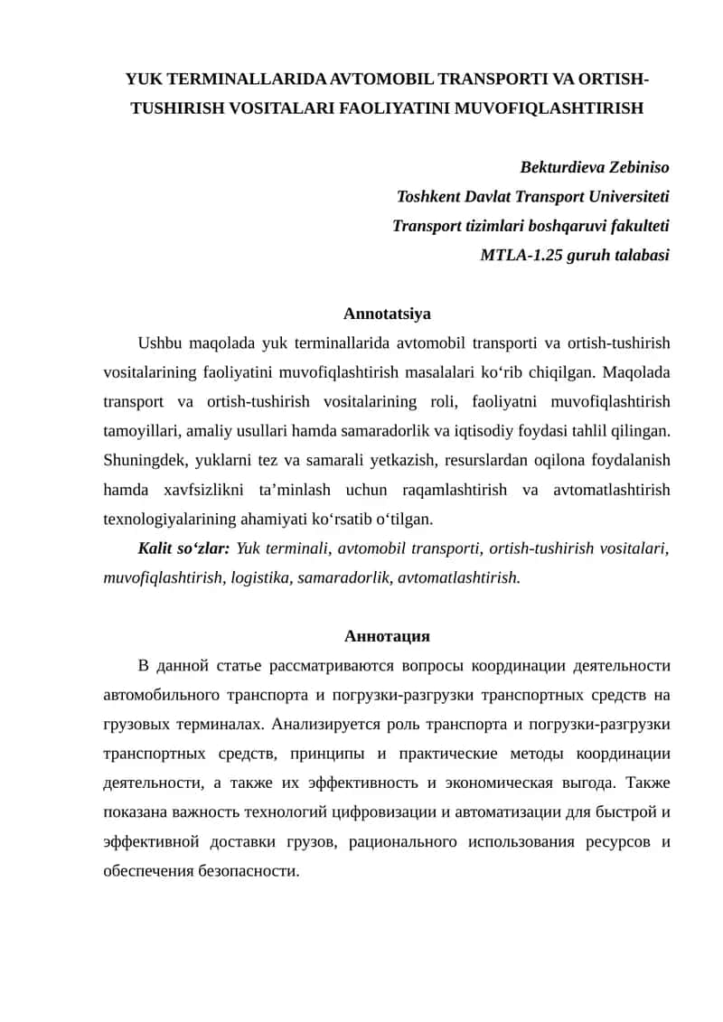 Yuk Terminali va Avtomobil Transporti Muvofiqlashtirish