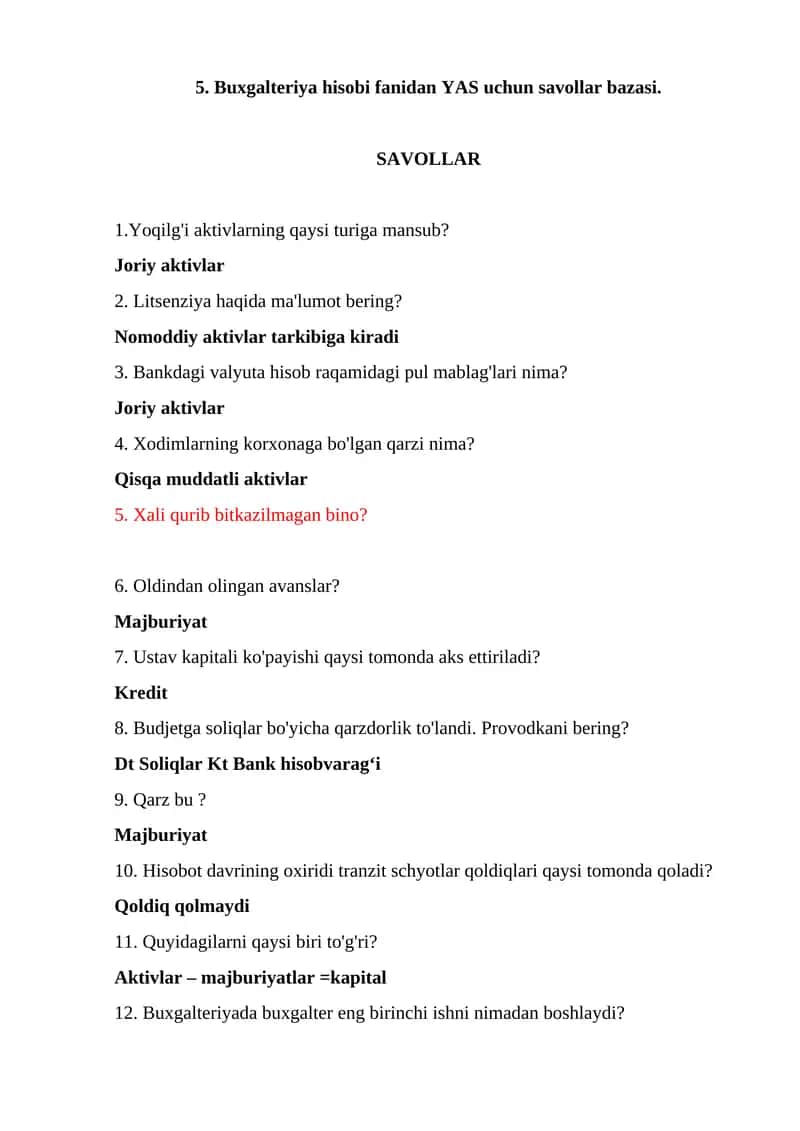 Buxgalteriya hisobi fanidan YAS uchun savollar bazasi