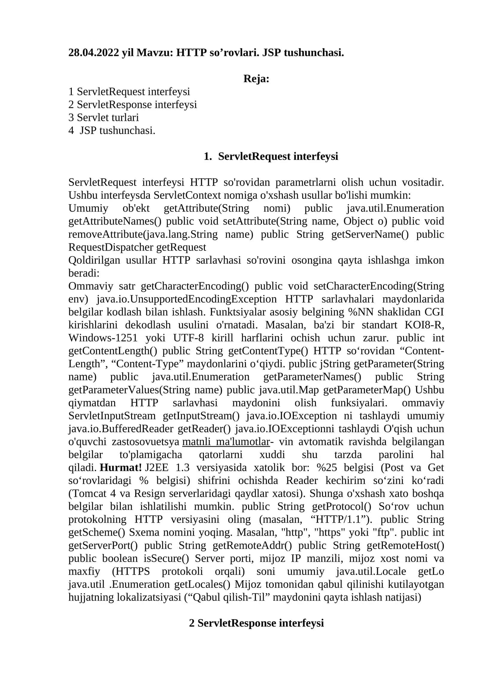 HTTP so’rovlari. JSP tushunchasi