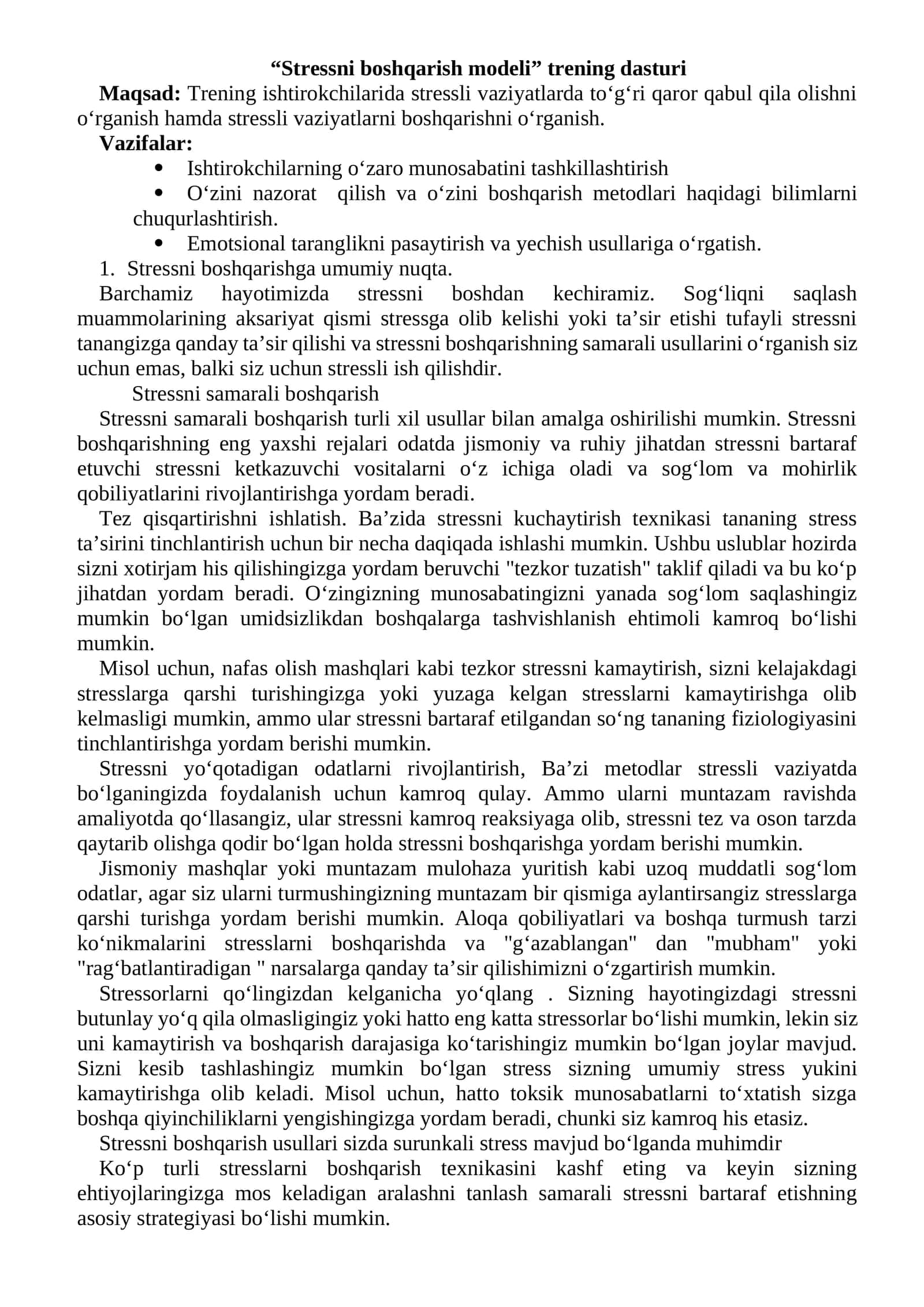 Stressni boshqarish modeli trening dasturi