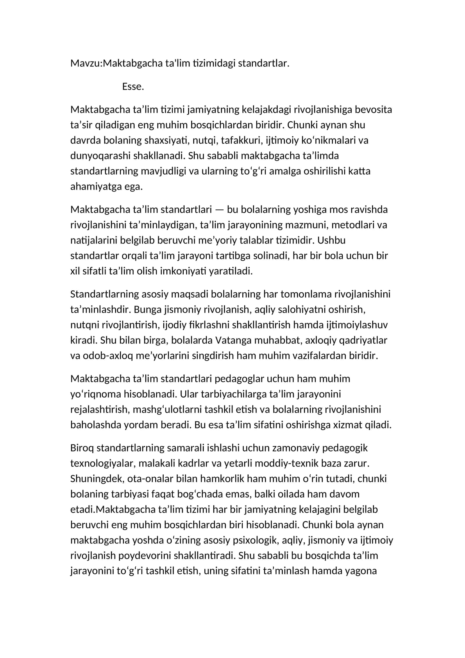 Maktabgacha ta'lim tizimidagi standartlar