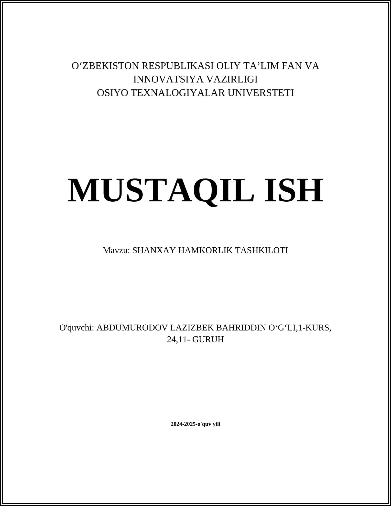 Shanxay Hamkorlik Tashkioloti