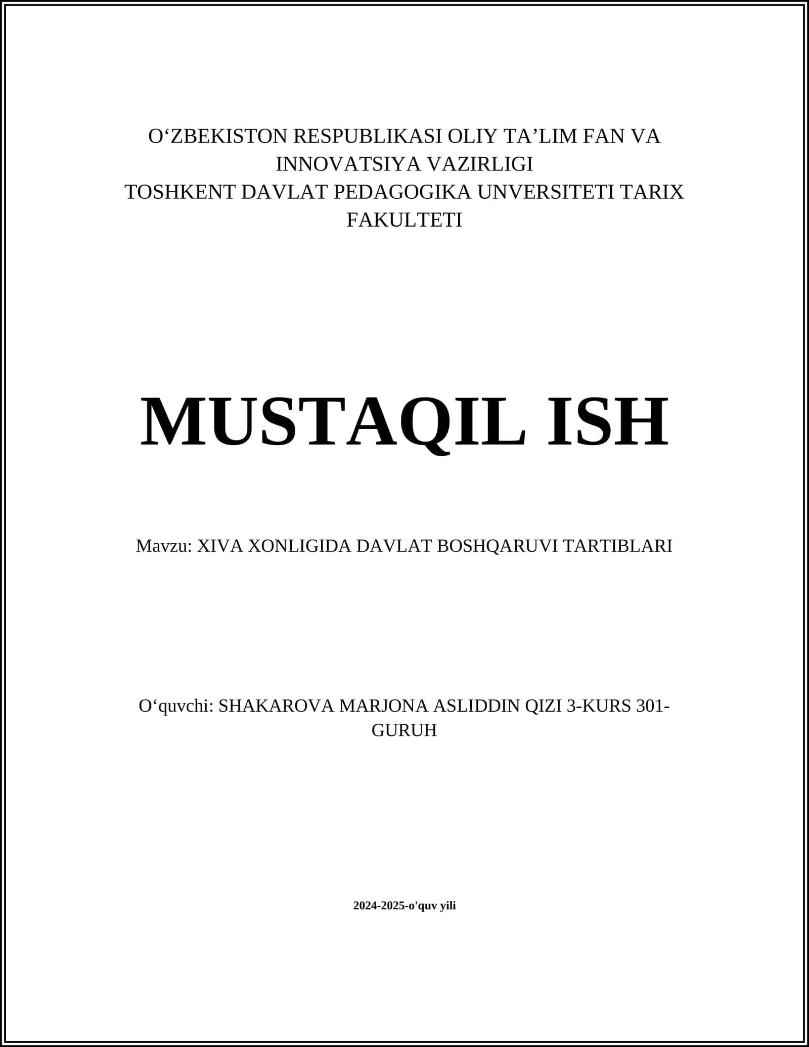 XIVA XONLIGIDA DAVLAT BOSHQARUVI TARTIBLARI