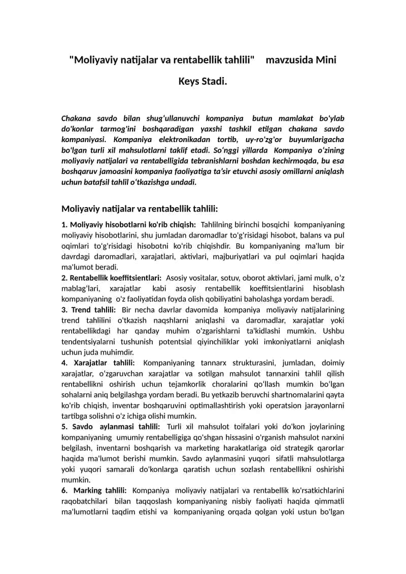 Moliyaviy natijalar va rentabellik tahlili