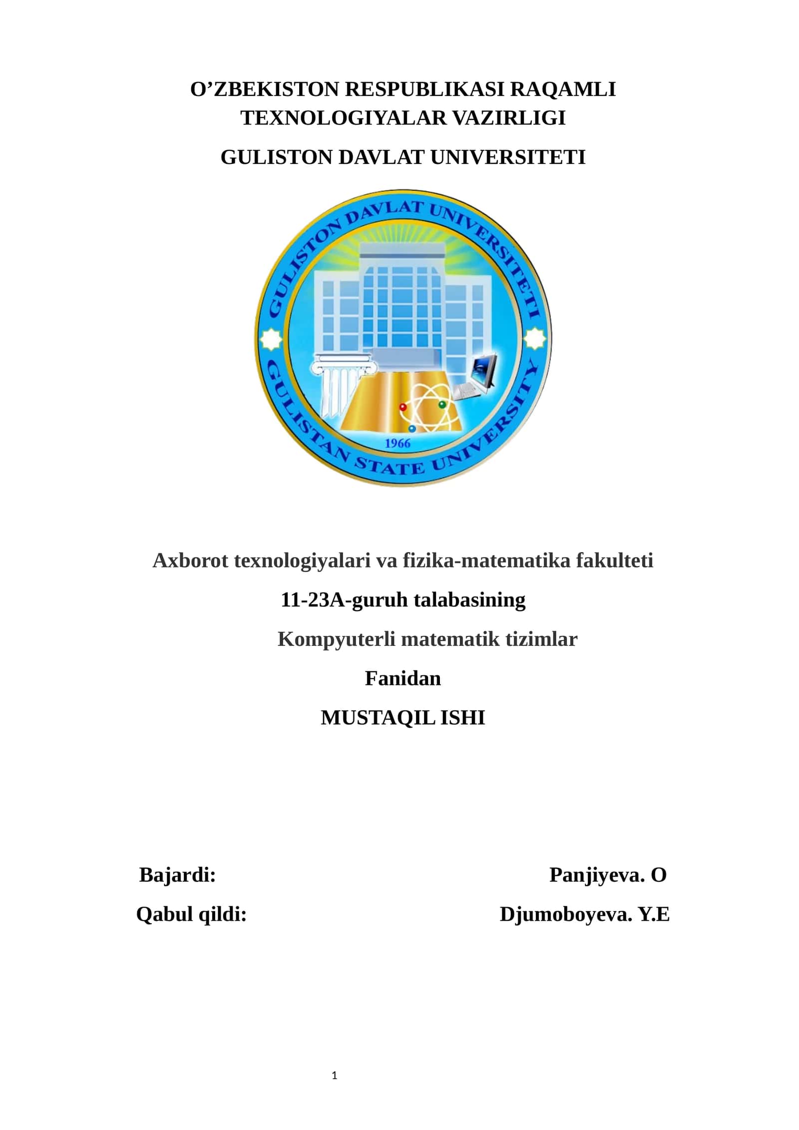Kompyuterli matematik tizimlar Fanidan Mathcad va SMath Solver dasturlarida misollar ishlash