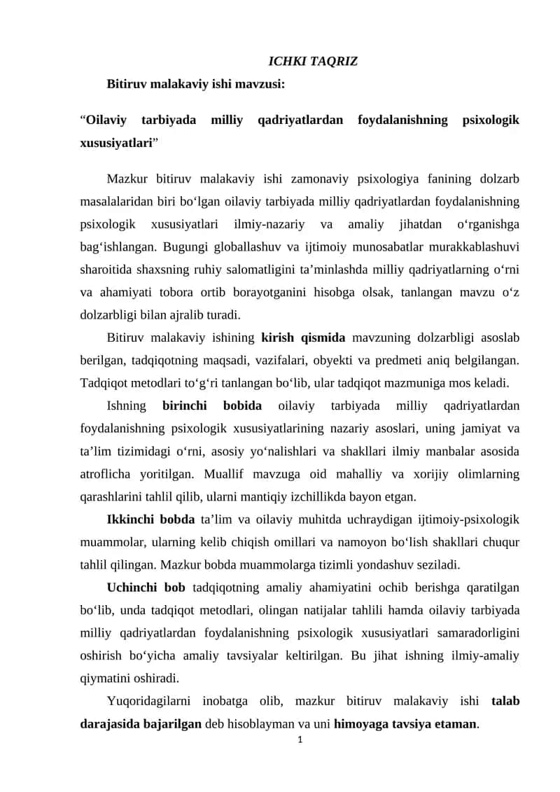 Oilaviy tarbiyada milliy qadriyatdan foydalanishning psixologik xususiyatlari