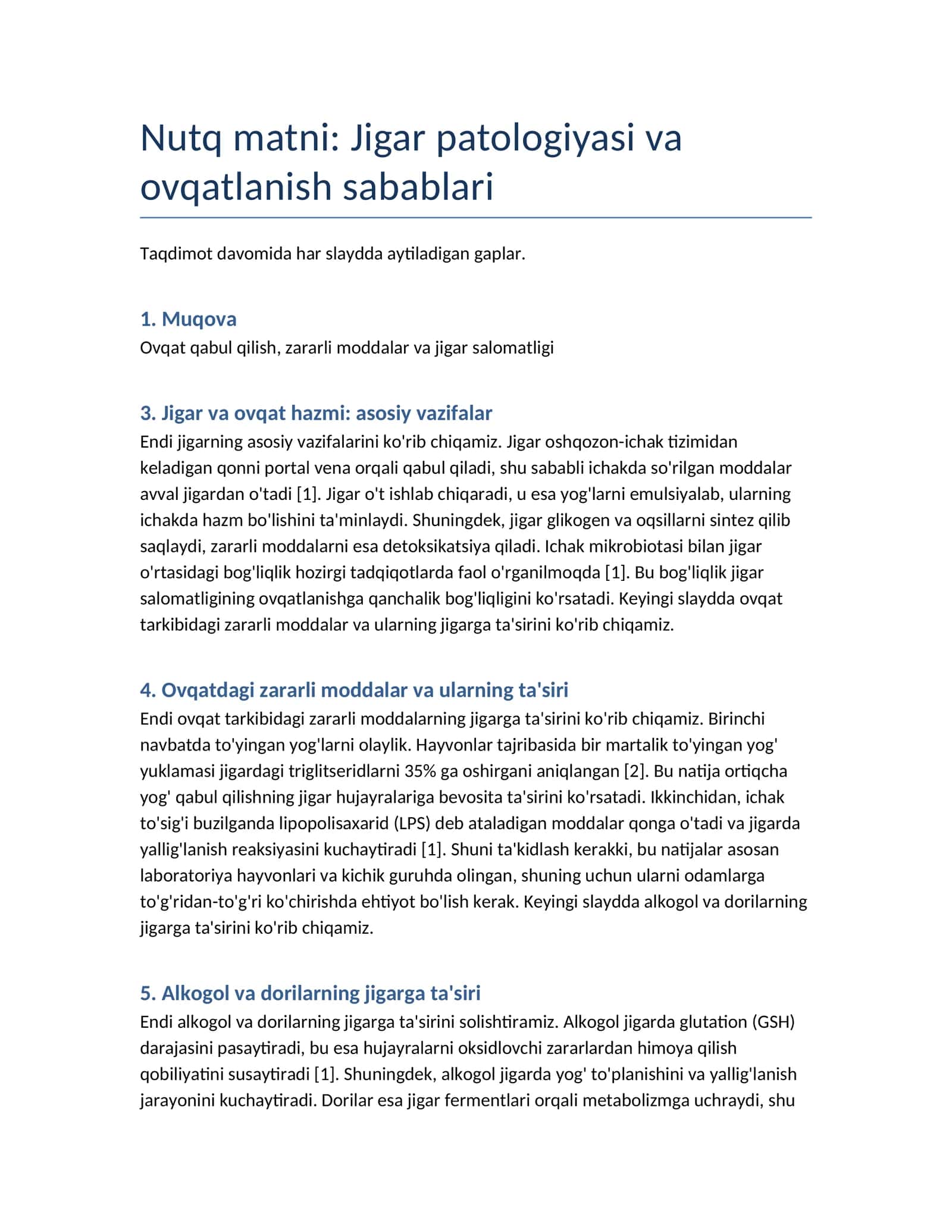 Nutq matni: Jigar patologiyasi va ovqatlanish sabablari