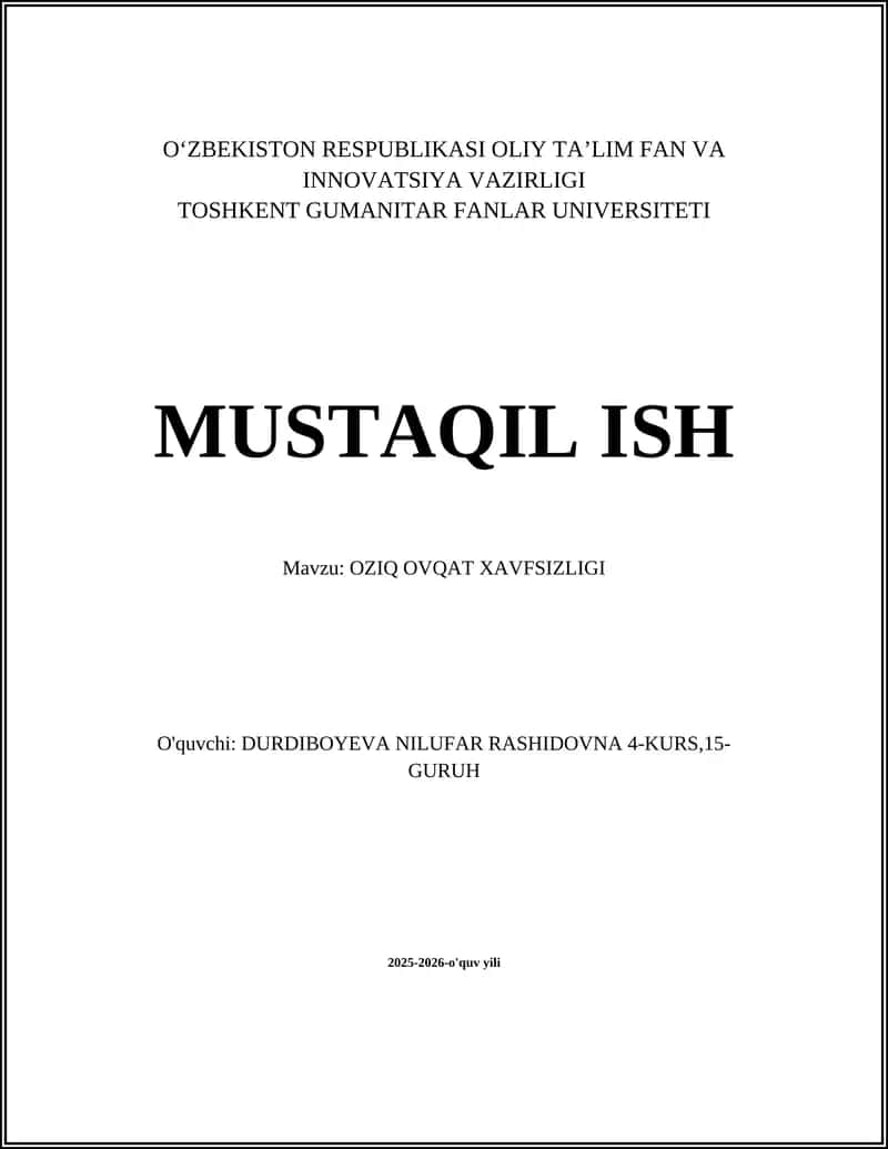 OZIQ OVQAT XAVFSIZLIGI