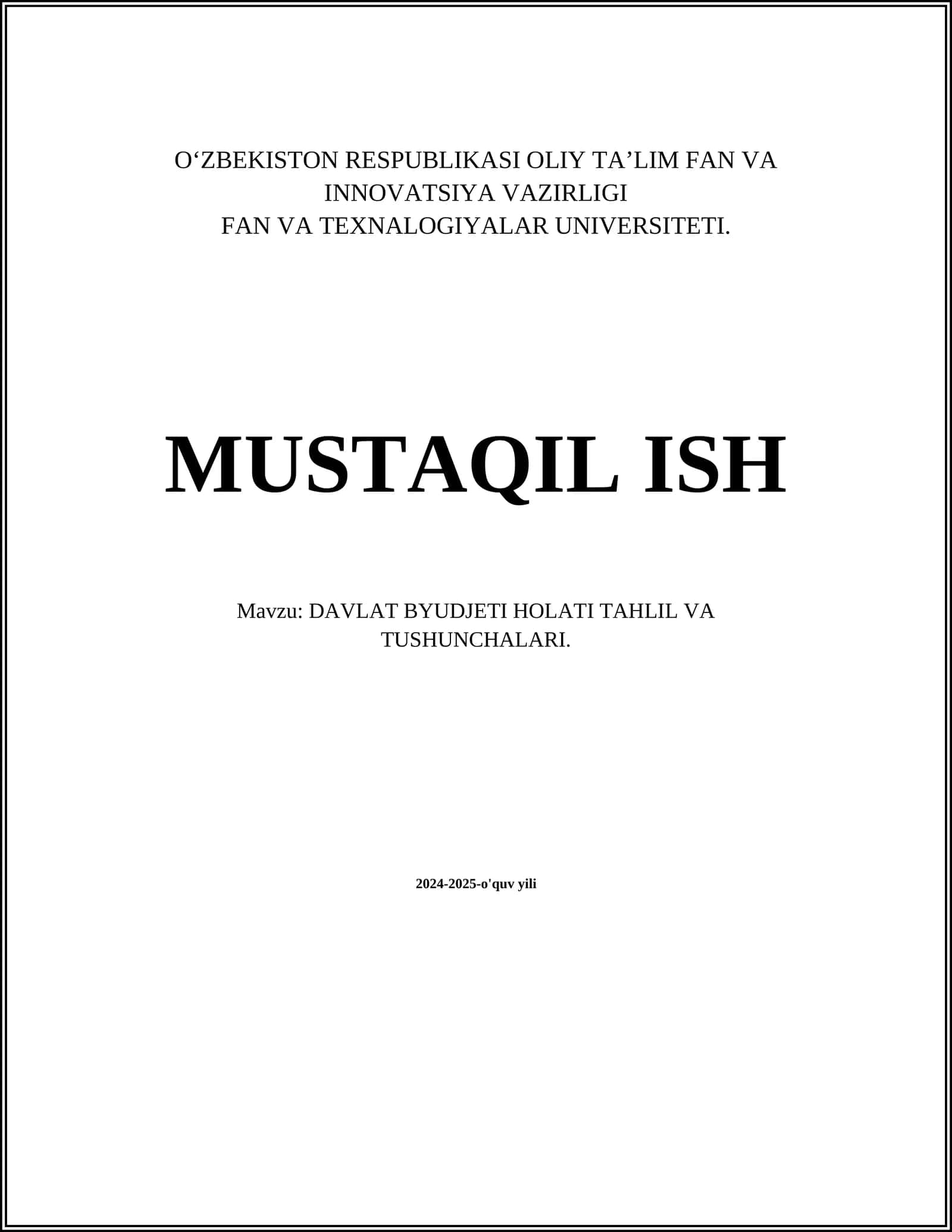 DAVLAT BYUDJETI HOLATI TAHLIL VA TUSHUNCHALARI